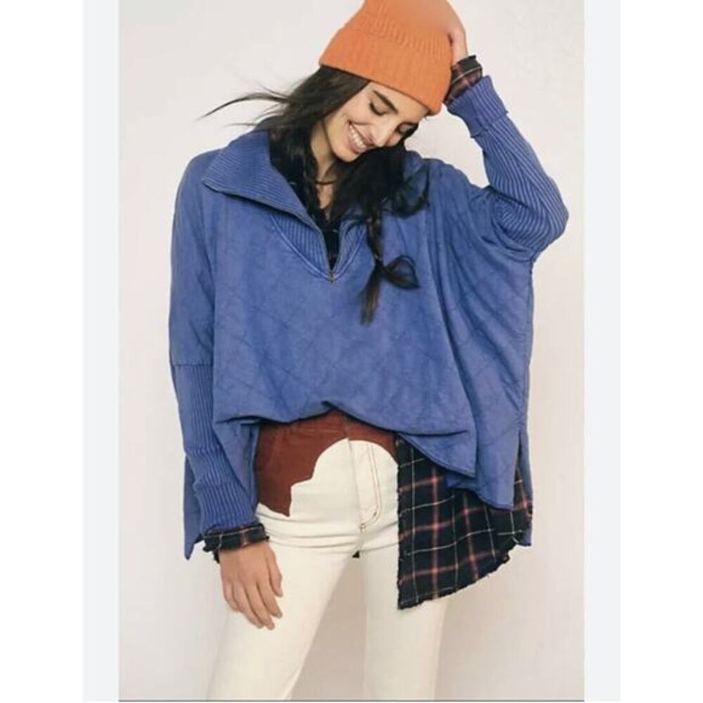 Free People ONE Shiloh Quilted Sweatshirt Pullover Zip Swing Hi Lo Small Blue - Picture 1 of 6
